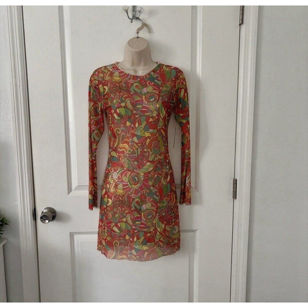 Forplay Colorful Long Sleeve Dress Rushed Mesh Size Small Pool Cover Up